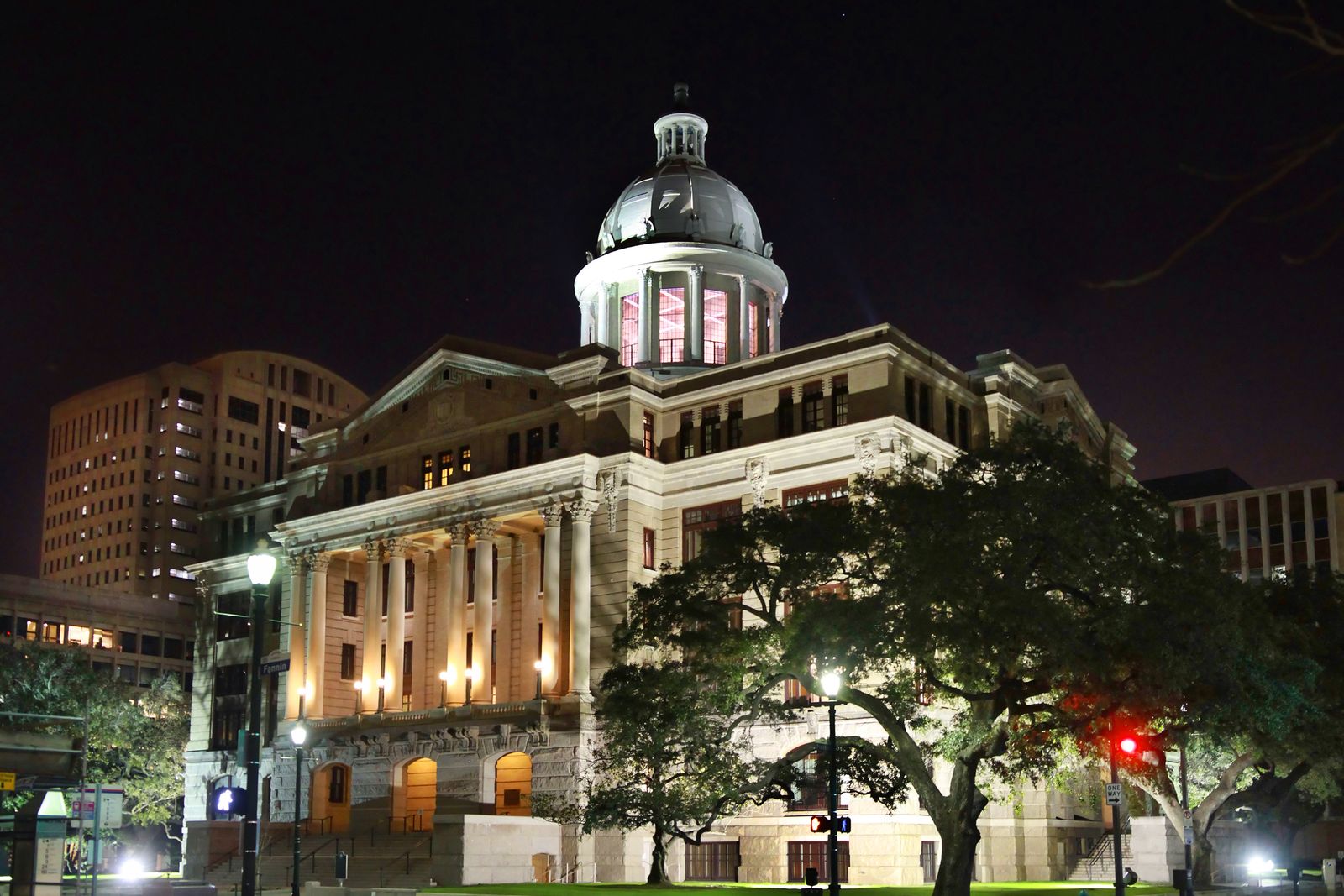 Historic Harris County courthouse in Houston at night